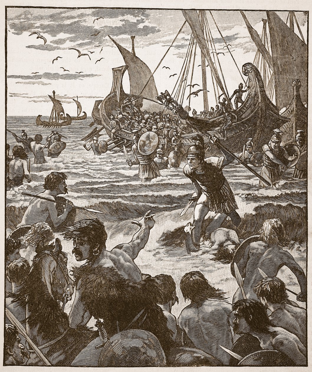 Romernes landgang på Kents kyst, illustration fra Cassells Illustrated History of England (sepia foto) af English School
