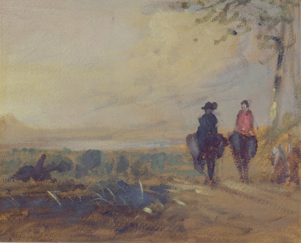 Landskab med Sø og to Figurer Ridning, tidligere tilskrevet J.M.W. Turner (1775-1851) og også tilskrevet Peter de Wint (1784-1849), 1815-25 (olie på papir) af English School
