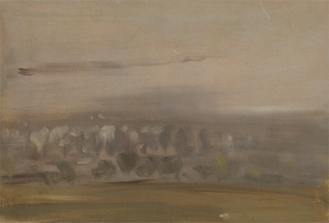 Landskab med træer på en skråning (Skovklædt dal, set gennem tåge) tidligere tilskrevet J.M.W. Turner (1775-1851) og også tilskrevet Peter de Wint (1784-1849) (olie på papir) af English School