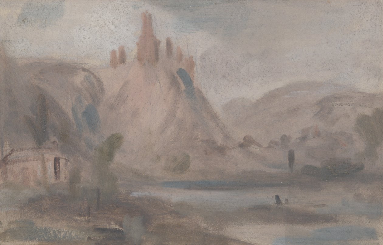 Landskab med et slot på en bakke, tidligere tilskrevet J.M.W. Turner (1775-1851) og også tilskrevet Peter de Wint (1784-1849) (olie på papir) af English School