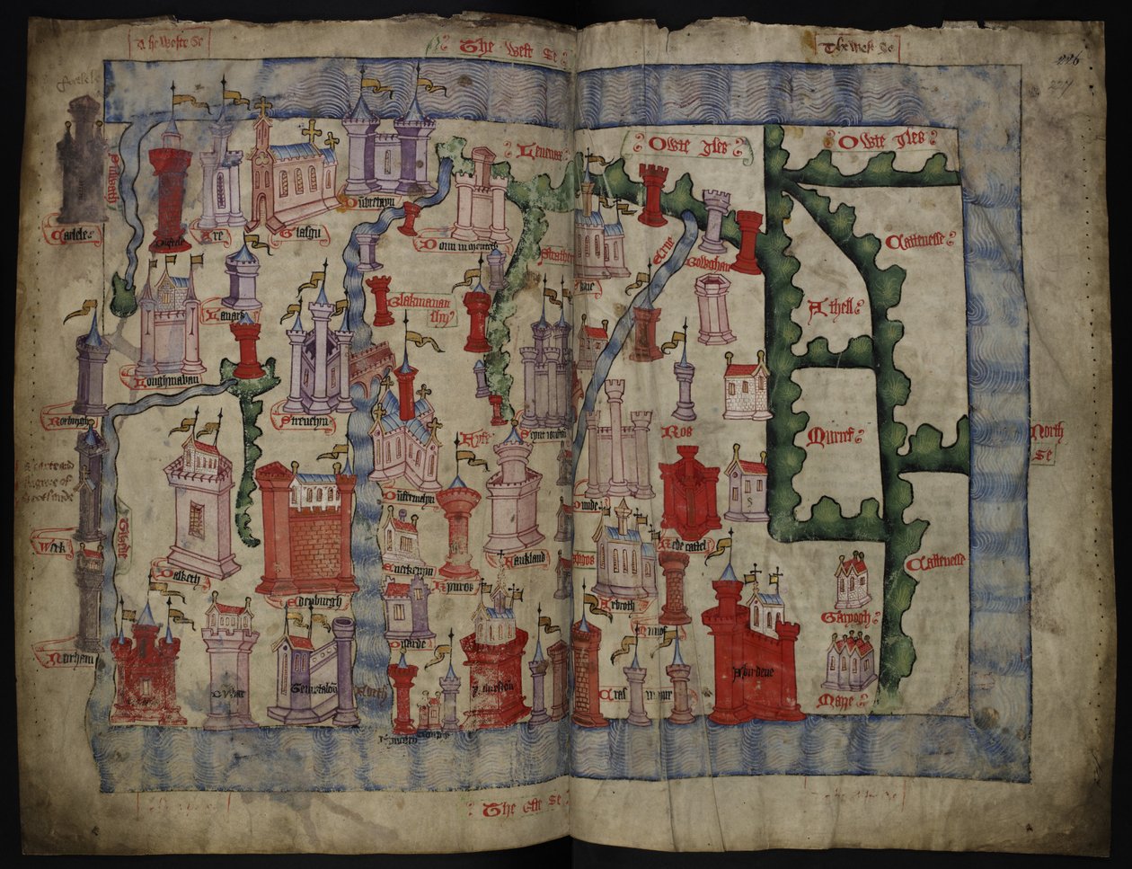 Lansdowne 204 ff.225v & 226 Kort over Skotland af John Harding, ca. 1450 (blæk & tempera på pergament) af English School