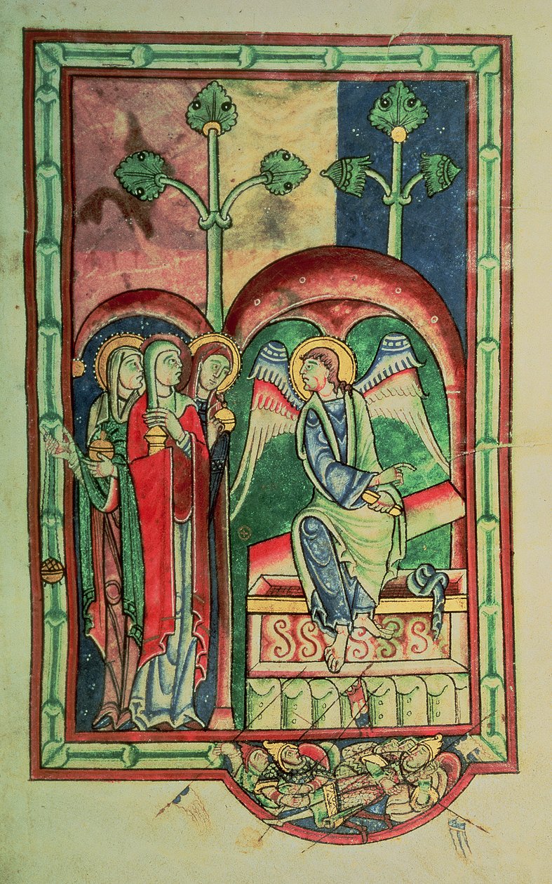Lansdowne 383 f.13 The Women at the sepulchre, fra Shaftesbury Psalter, West Country, ca. 1130-40 (vellum) af English School