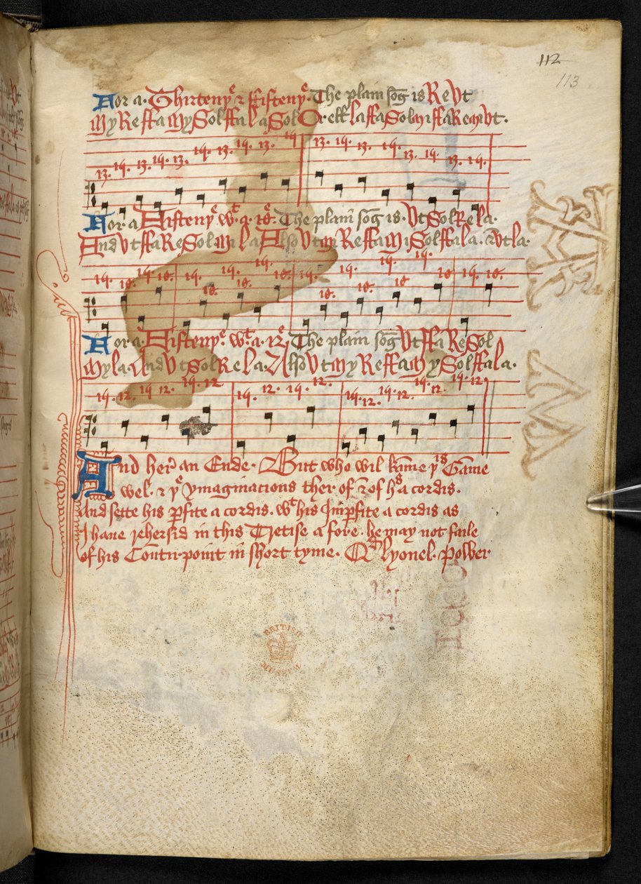 Lansdowne 763, f.113r, Et bind ret skrevet på vellum i det femtende århundrede, og indeholdende ældgamle og meget interessante afhandlinger om musik af forskellige forfattere. af English School