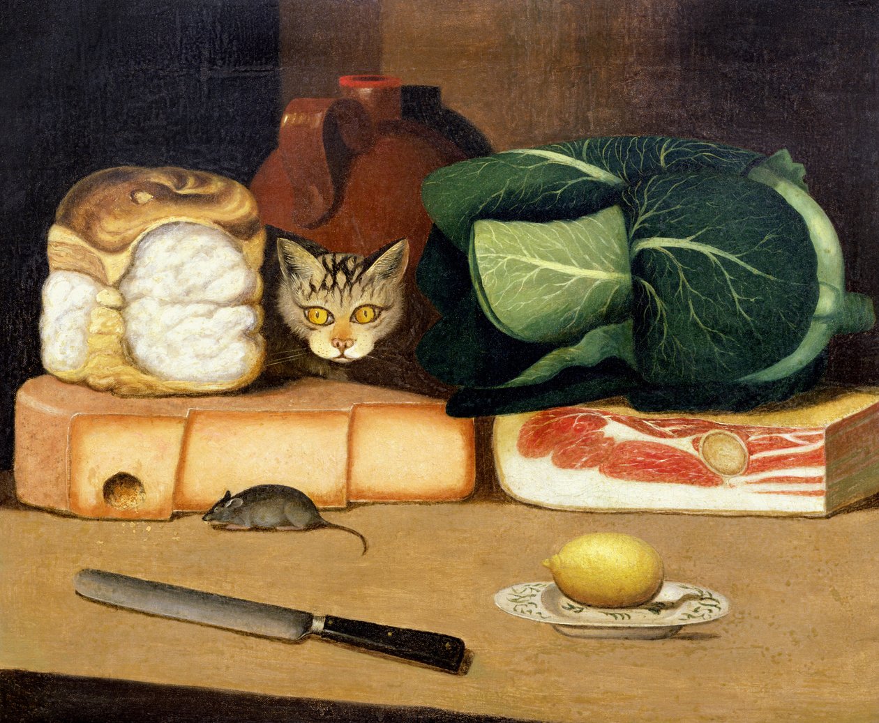 Spise stilleben med en kat på jagt efter en mus, ca. 1840 af English School