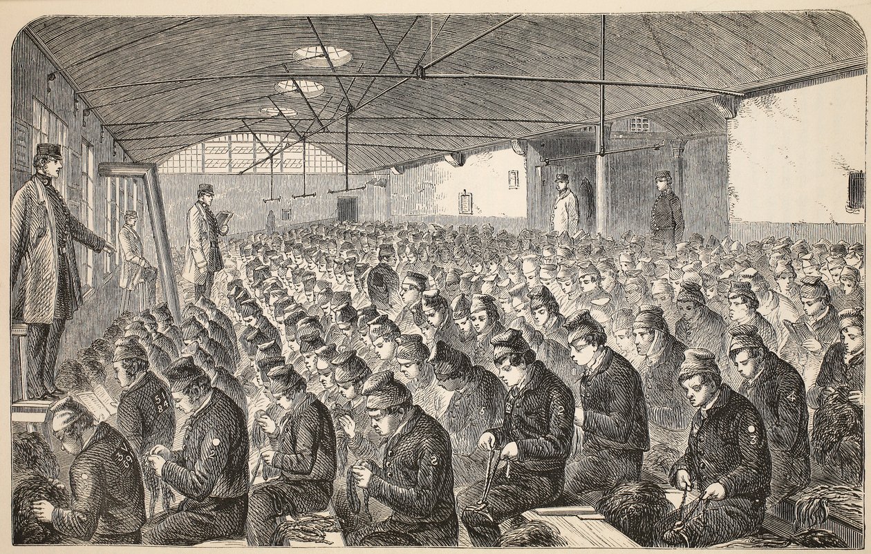Stort Oakum-værelse (under det tavse system) i Middlesex House of Correction, Coldbath Fields, illustration fra The Criminal Prisons of London og scener fra Prison Life af Henry Mayhew og John af English School