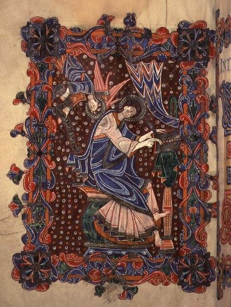 Lat 14782 f.16v St. Matthæus skriver sit evangelium, c.1080 (vellum) af English School