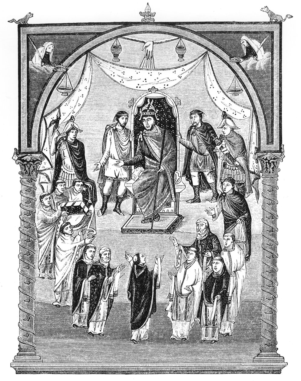 Lat 1 f.423r Karl den Skaldede, konge af Frankrig (823-77) på tronen, bestilt af abbed Vivian fra klostret St. Martin i Tours, fra Karl den Skaldedes første bibel, 843-51, illustration af English School
