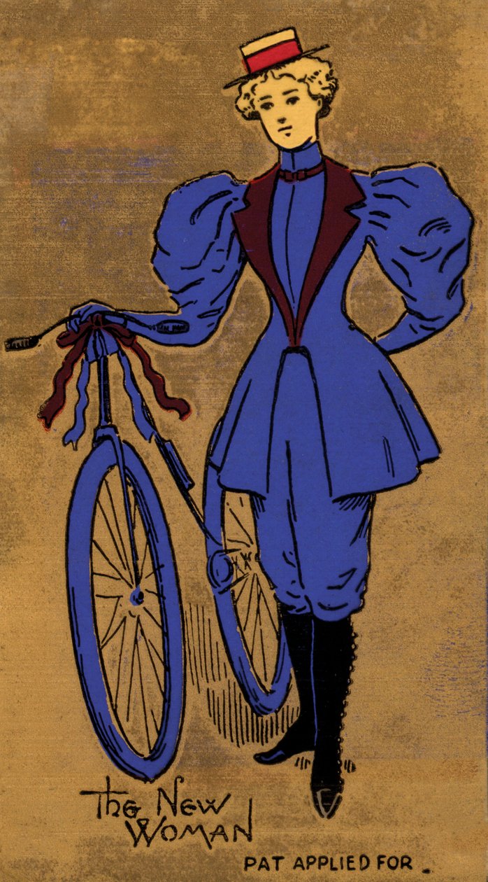Kvinde fra slutningen af det 19. eller begyndelsen af det 20. århundrede og hendes cykel, et symbol på begyndelsen af kvindefrigørelsen (farvelitografi) af English School