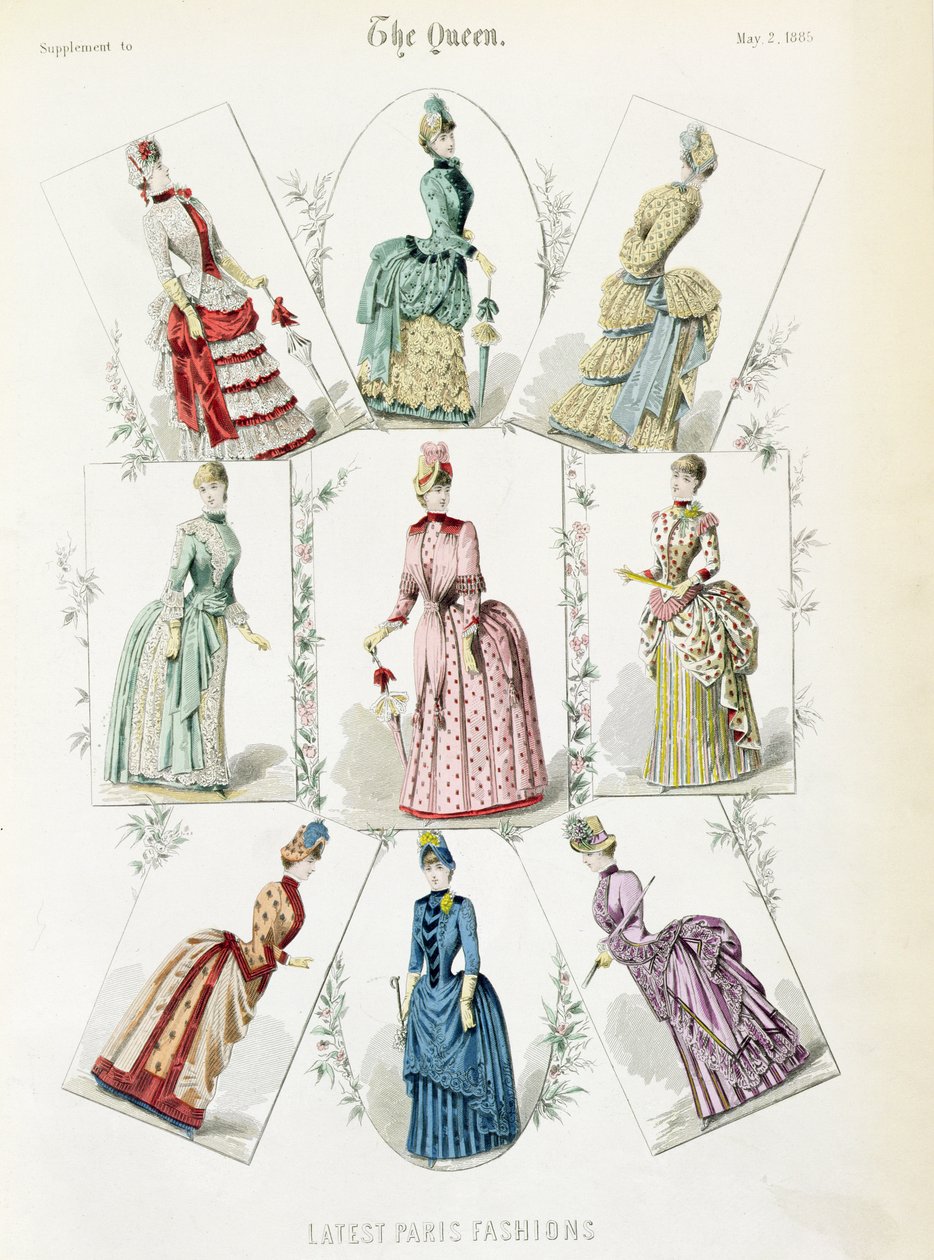 Seneste Paris-mode, ni-dages kjoler i en modeplade fra et supplement til Dronningen, maj 1885 af English School