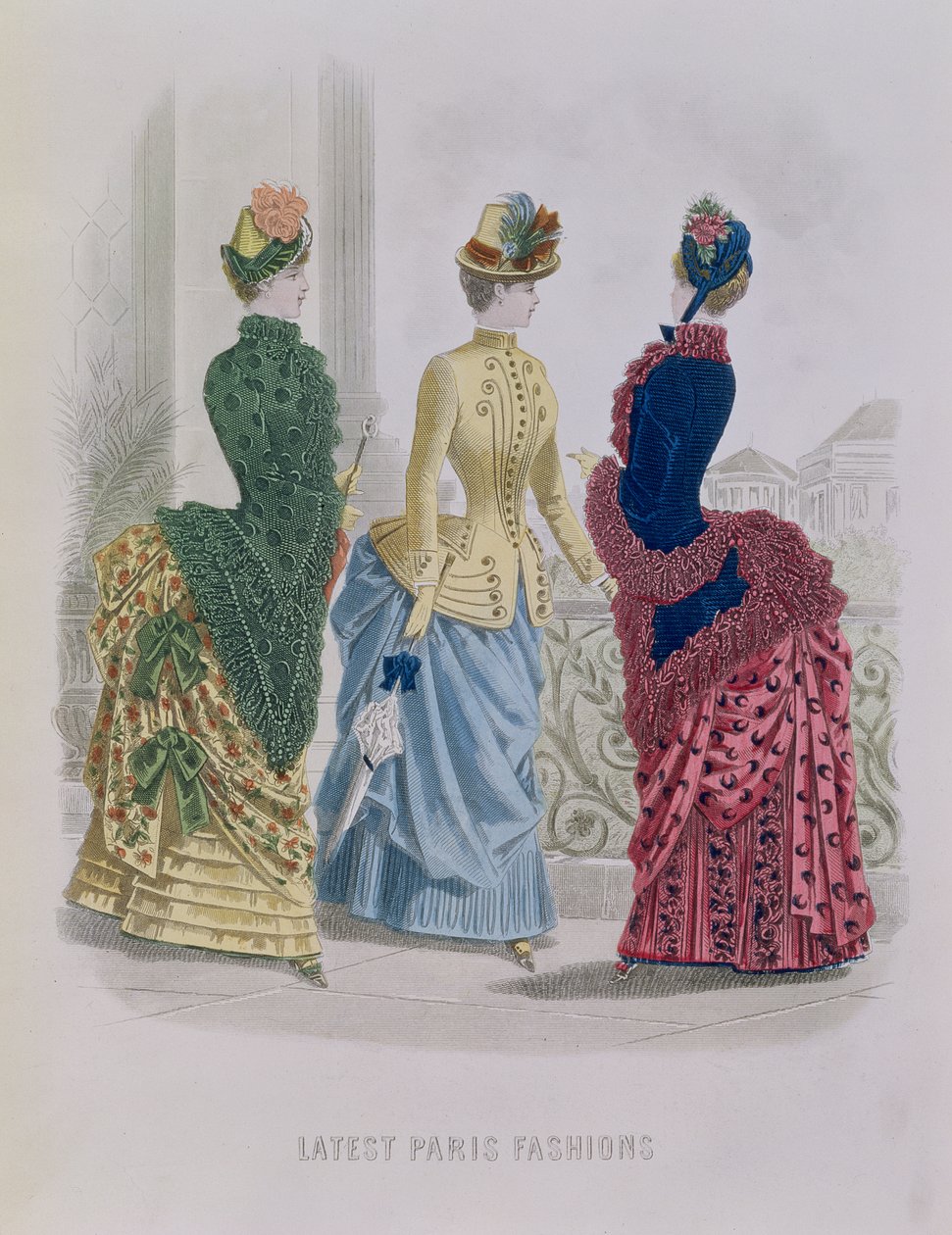 Seneste Paris-mode, tredages kjoler i en modeplade fra The Queen, maj 1885 af English School