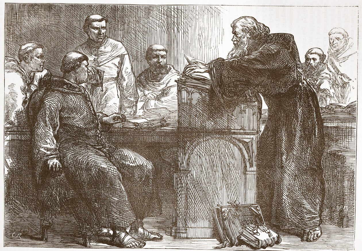 Lefevre holder foredrag på Sorbonne, illustration fra The History of Protestantism af James Aitken Wylie (1808-1890), pub. 1878 af English School