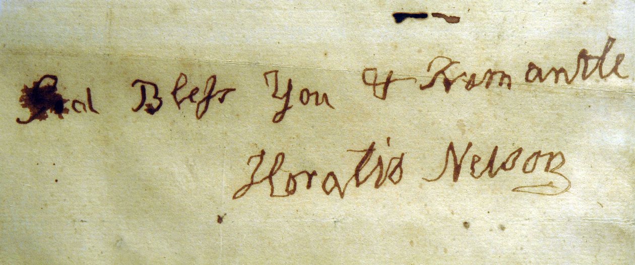 Venstrehåndsskrift af admiral Lord Nelson (pen og blæk på papir) af English School