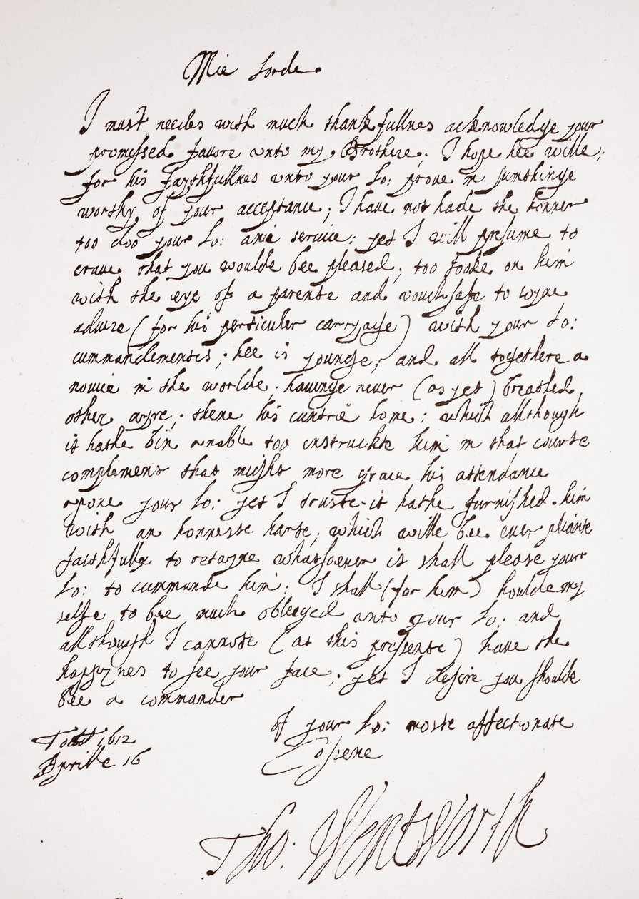 Brev af Thomas Wentworth, 16. april 1612 af English School