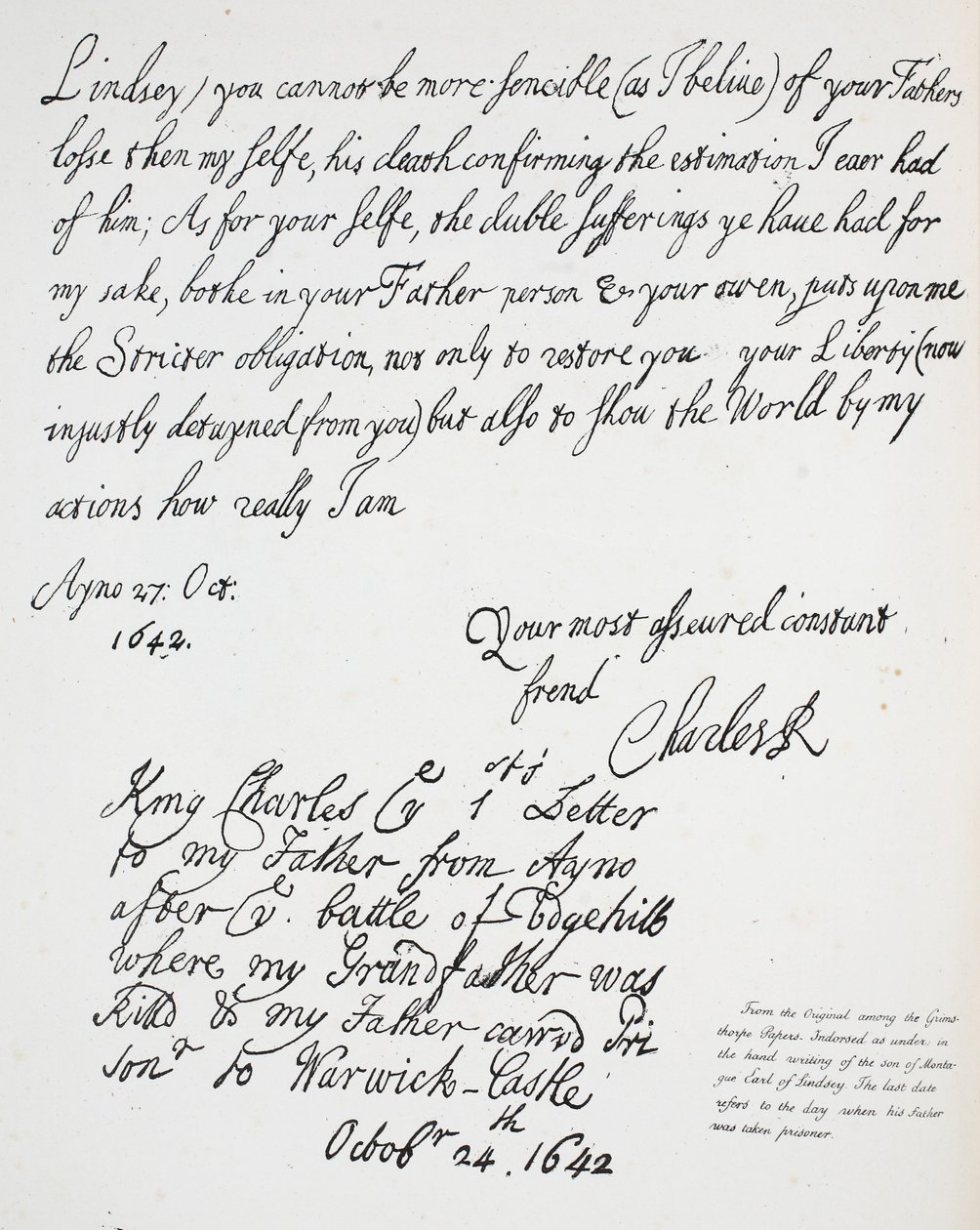 Brev fra Charles II til Montague, jarl af Lindsey, 27. oktober 1642 af English School