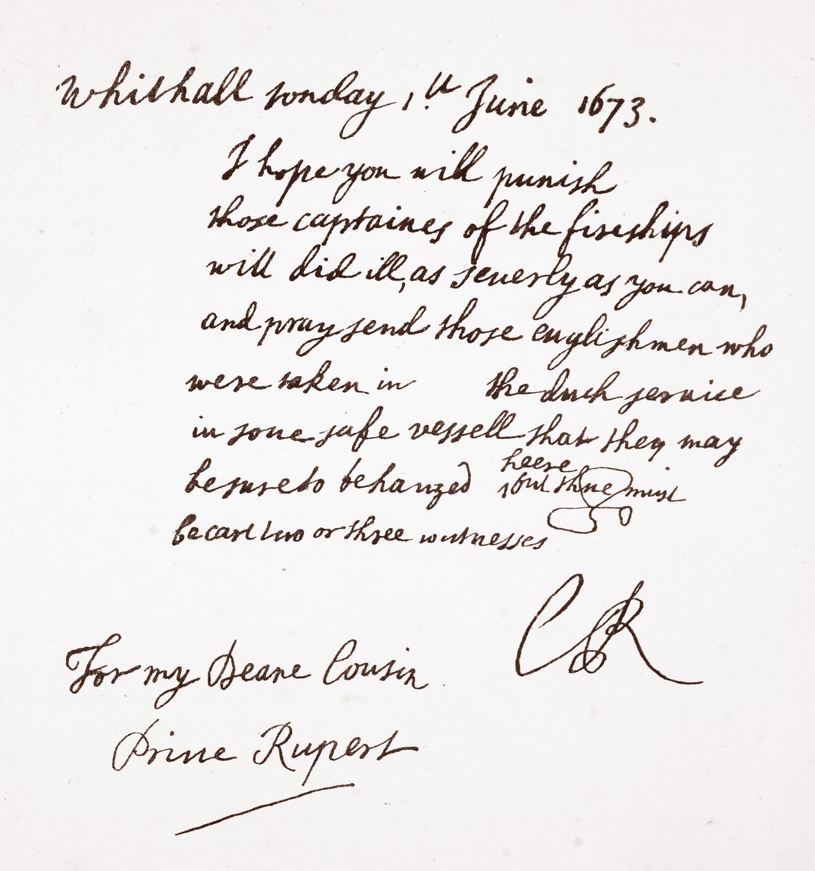 Brev fra Charles II til Prins Rupert, 1. juni 1673 af English School