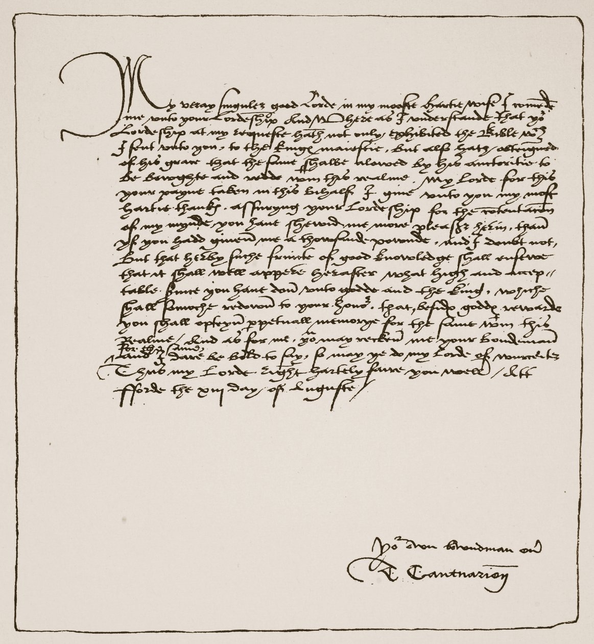 Brev fra Cranmer til Cromwell, hvori han takker ham for at have opnået Kings autoritet til Matthews English Bible, 1537, fra The Church of England: A History for the People af H.D.M. Spence-Jones, pub. ca. 191 af English School