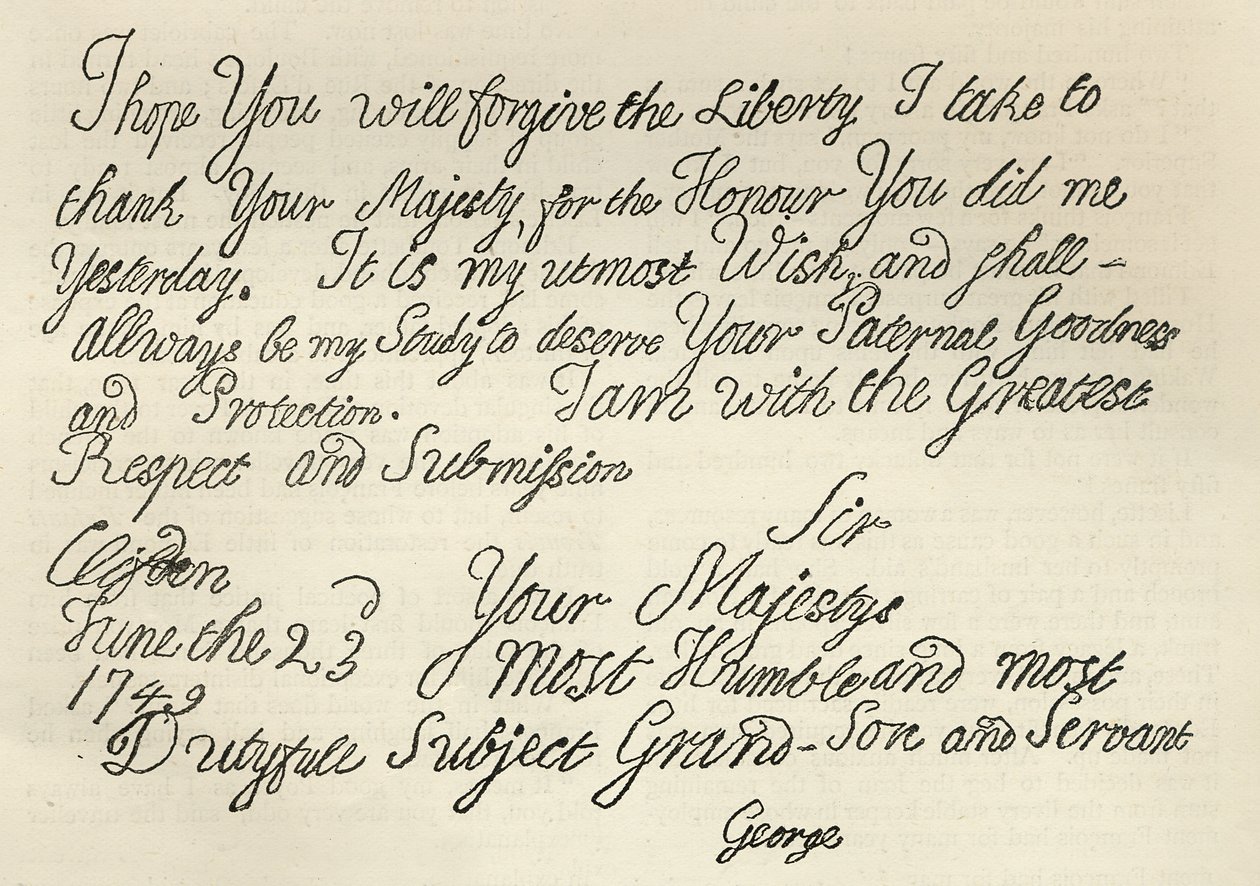 Brev fra George III til sin bedstefar kongen, 23. juni 1749, offentliggjort i "Leisure Hour", 1891 (litografi) af English School