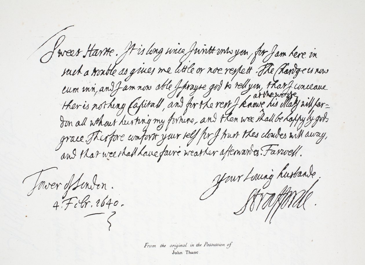 Brev fra Lord Strafford til sin kone, fra Tower of London, 4. februar 1640 af English School