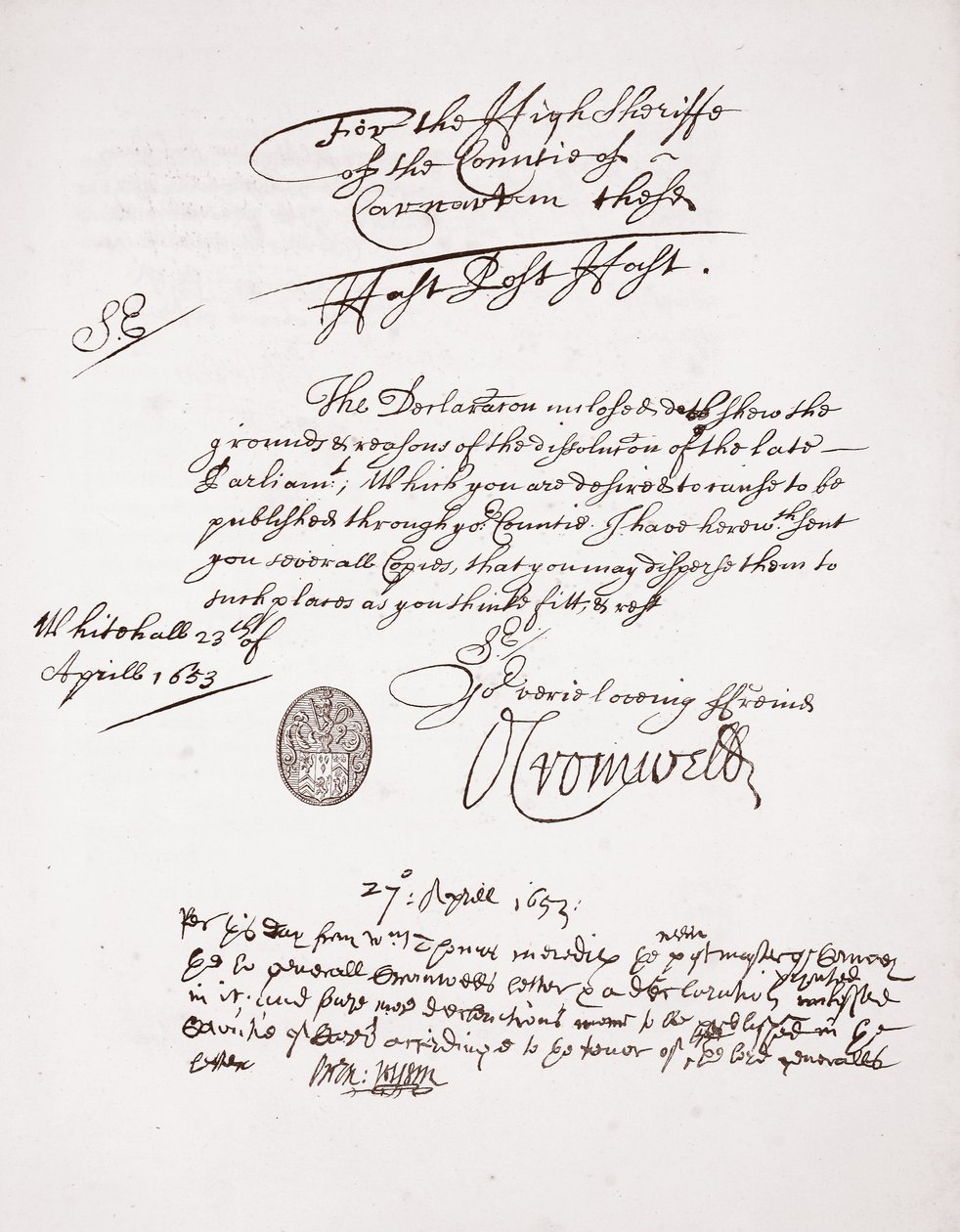 Brev fra Oliver Cromwell, april 1653 af English School