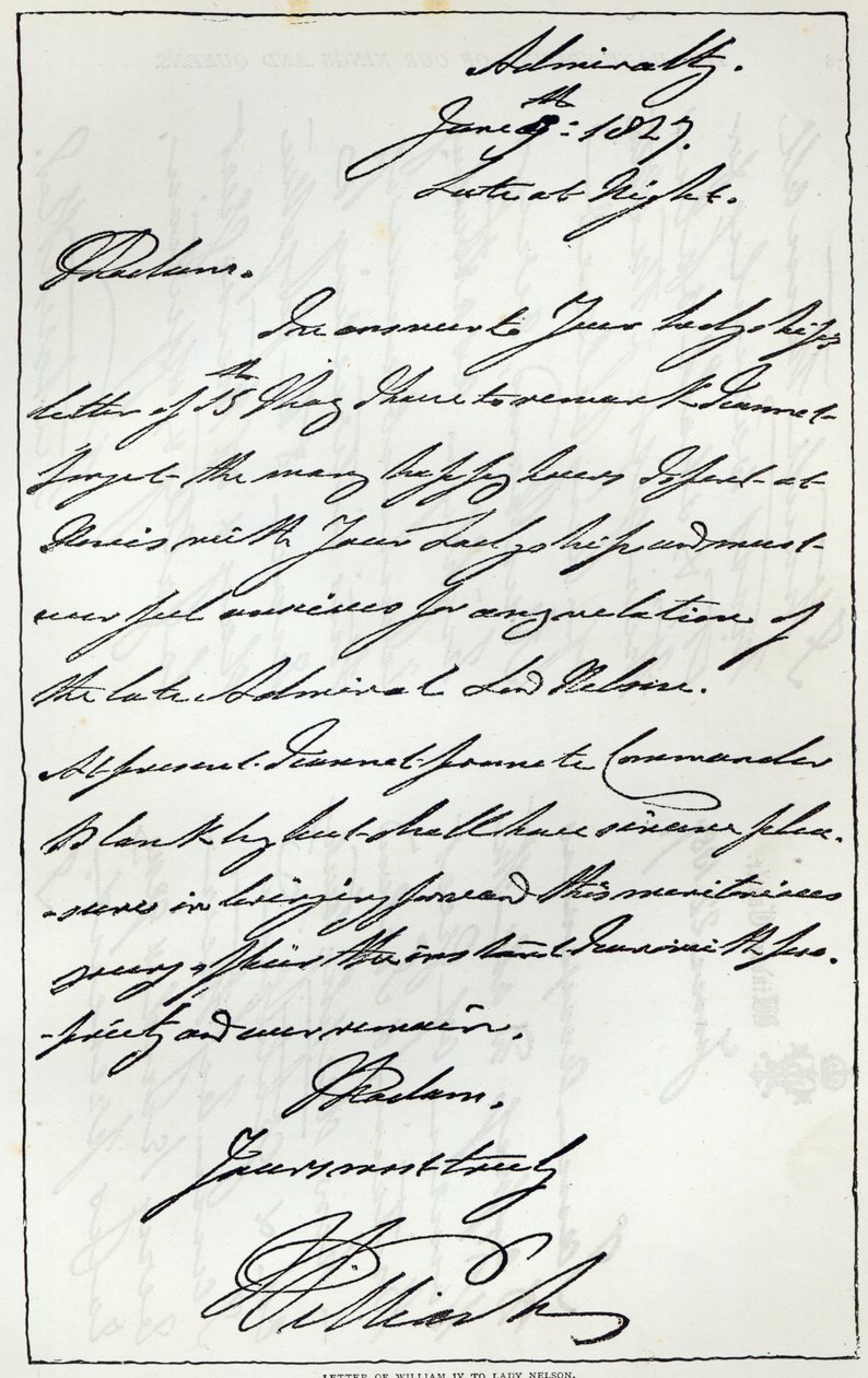 Brev fra William IV til Lady Nelson, 1827, offentliggjort i 