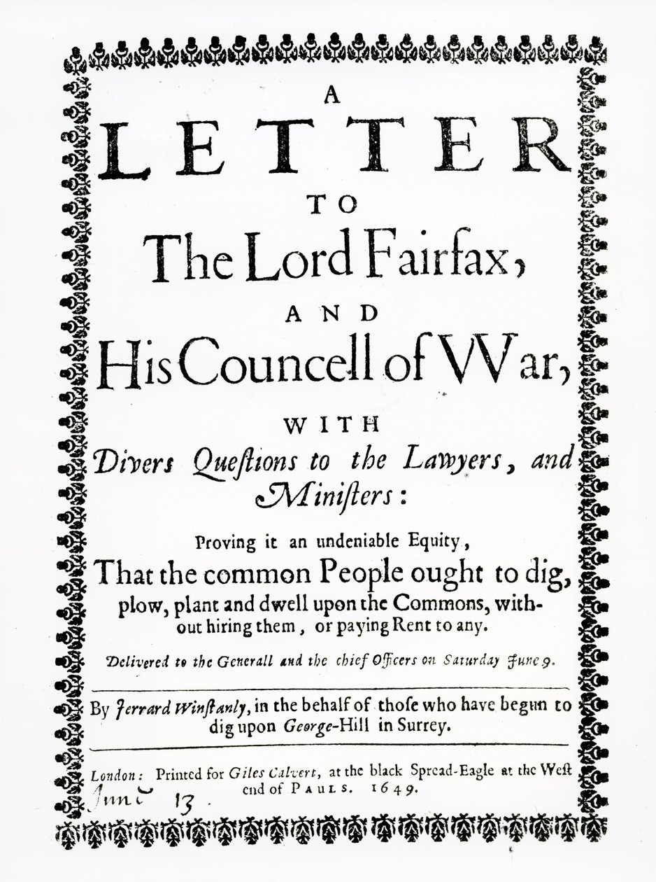 Brev til Lord Fairfax fra Gerrard Winstanley (ca. 1609-60) på vegne af Diggers i St. George Hill, Surrey, trykt 1649 af English School