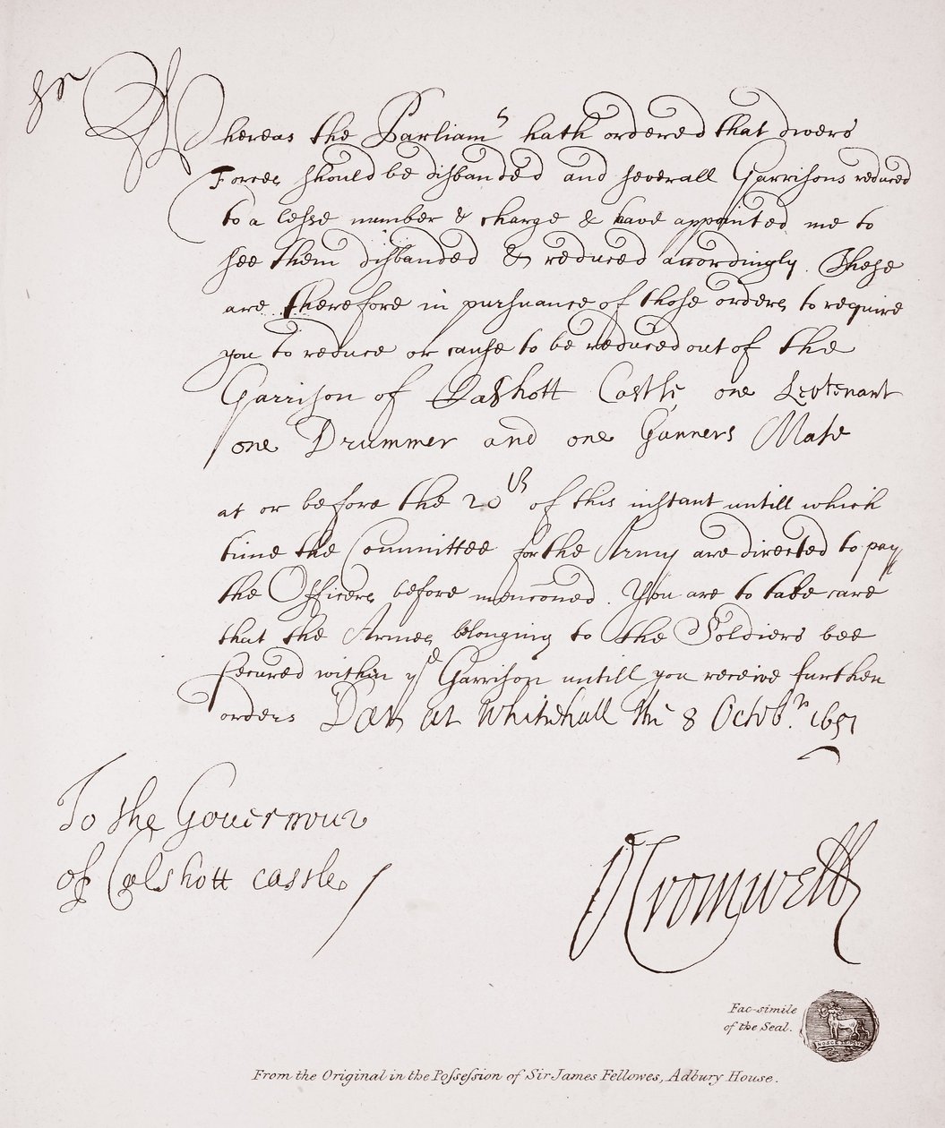 Brev til guvernøren i Calshot Castle fra Oliver Cromwell, 1651, faksimile fra originalen i Sir James Fellowes