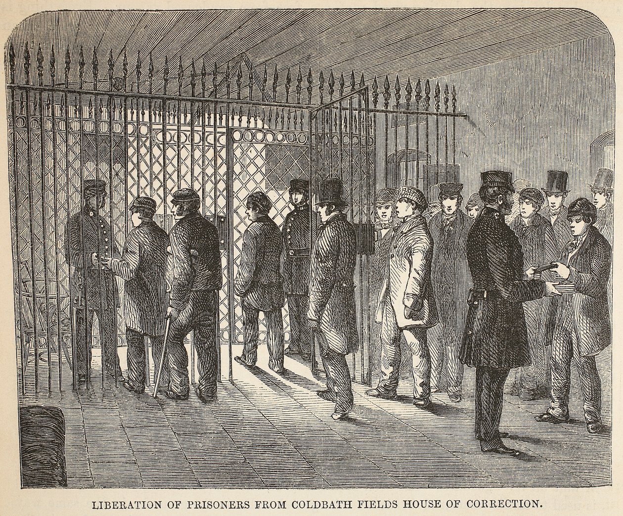 Frigørelse af fanger fra Coldbath Fields House of Correction, illustration fra The Criminal Prisons of London og Scenes from Prison Life af Henry Mayhew og John Binny, pub. 1862 af English School
