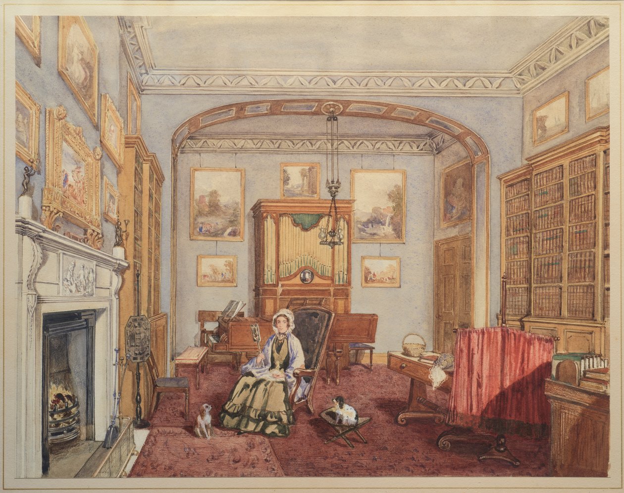 Bibliotek - Musikrum med Northwick Bacchus og Ariadne efter Titian, ca. 1830 af English School