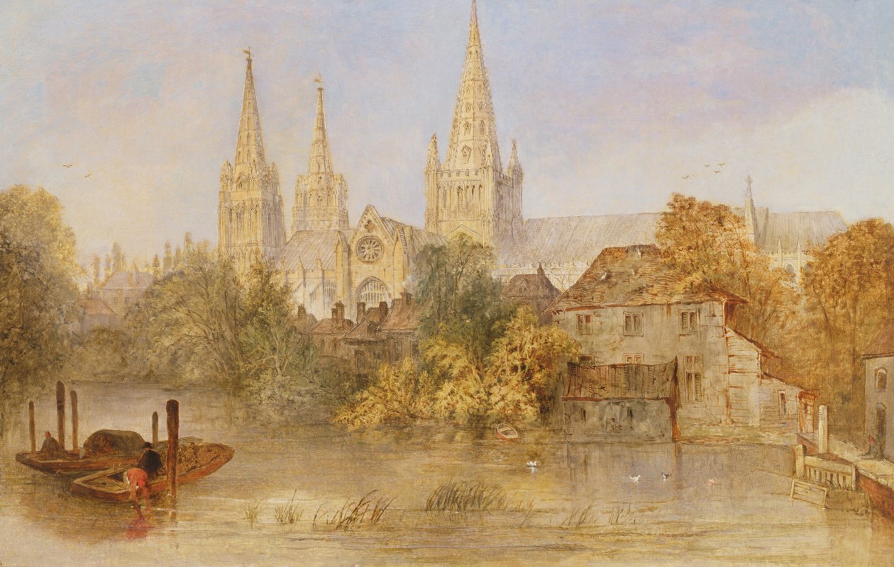 Lichfield Cathedral fra Stowe Pool, ca. 1850 af English School