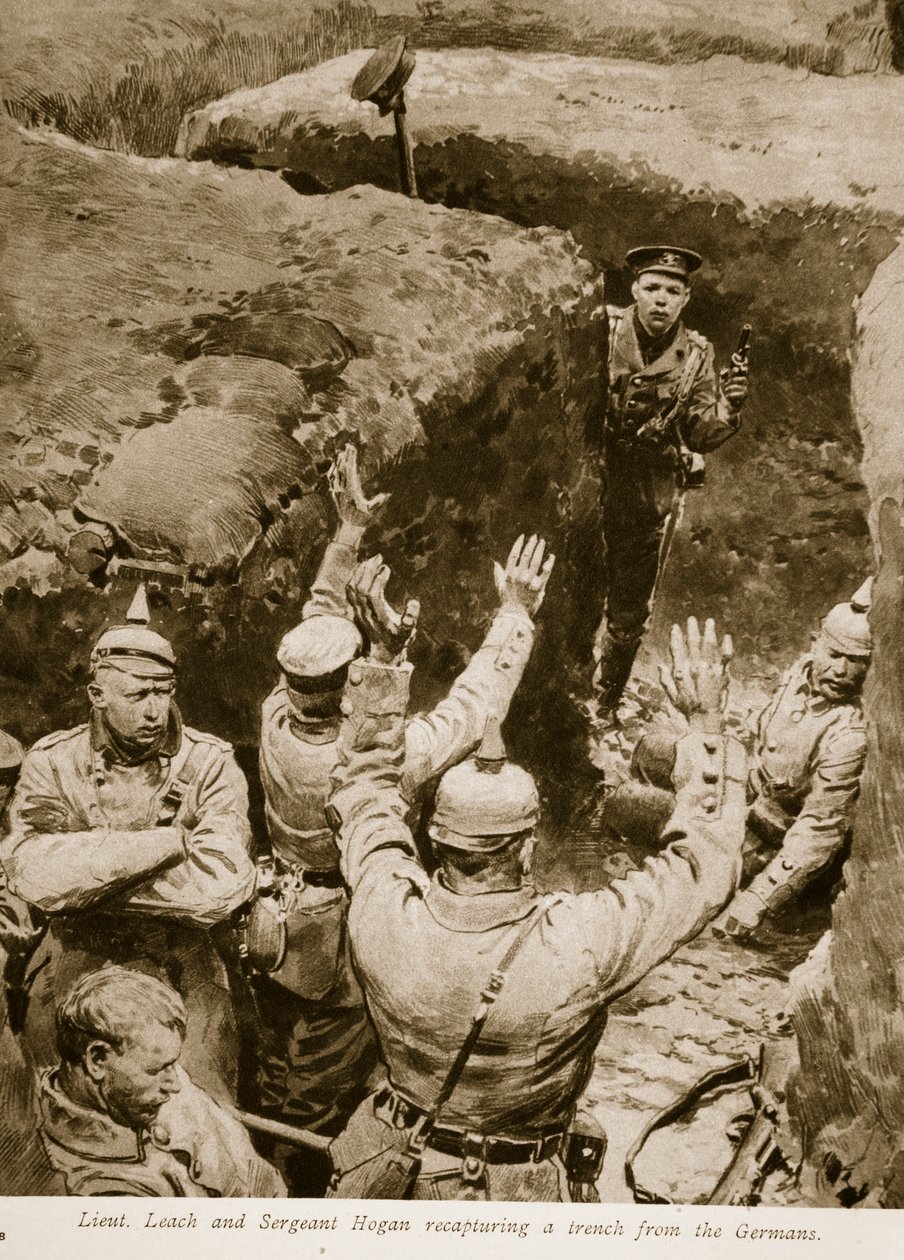 Løjtnant Leach og sergent Hogan generobrer en skyttegrav fra tyskerne, 1914-19 af English School