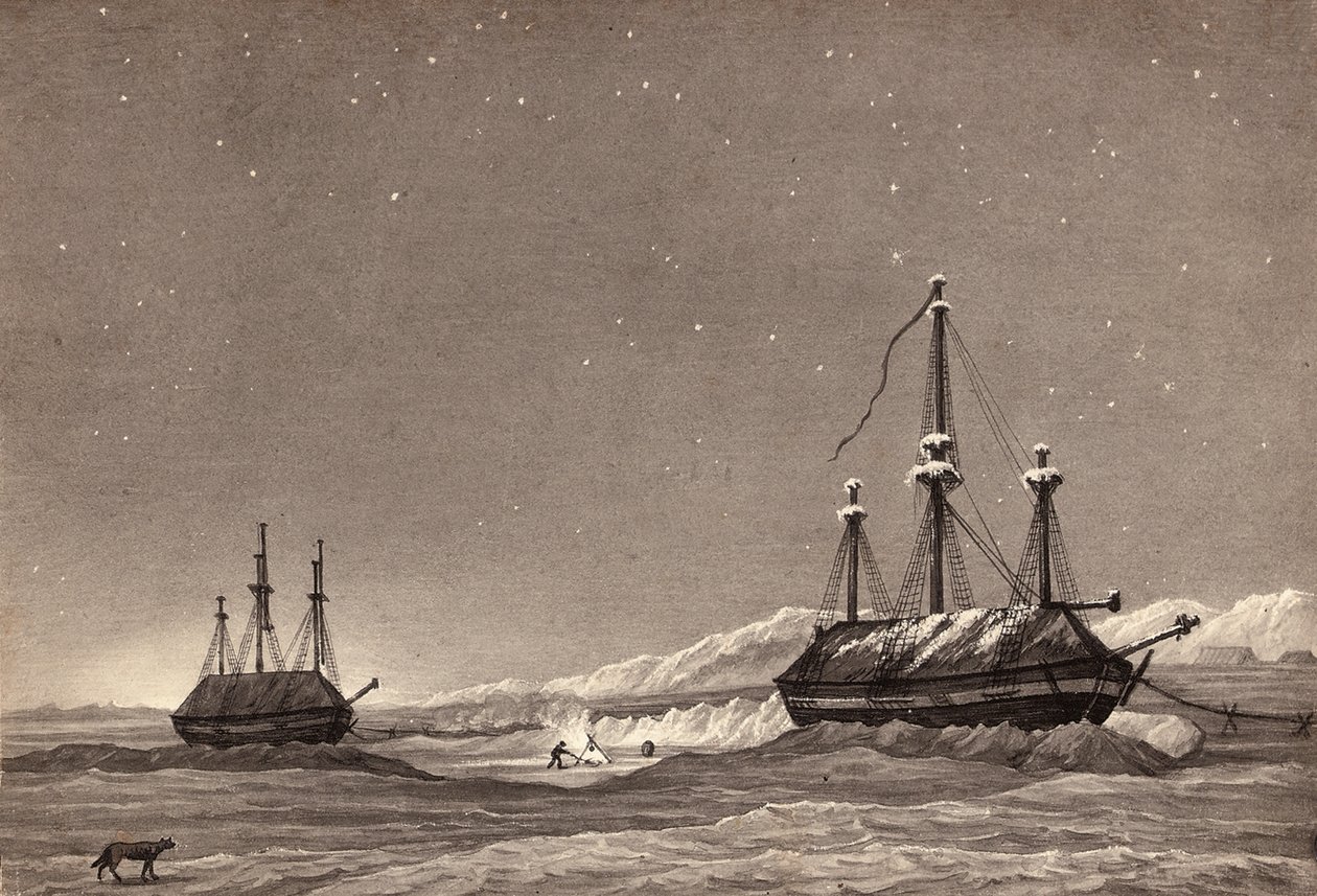 Løjtnant William Parrys første rejse: H.M.S. Hecla og H.M.S. Griper i Winter Harbour, ca. 1819 (pen & blæk og vask på papir) af English School