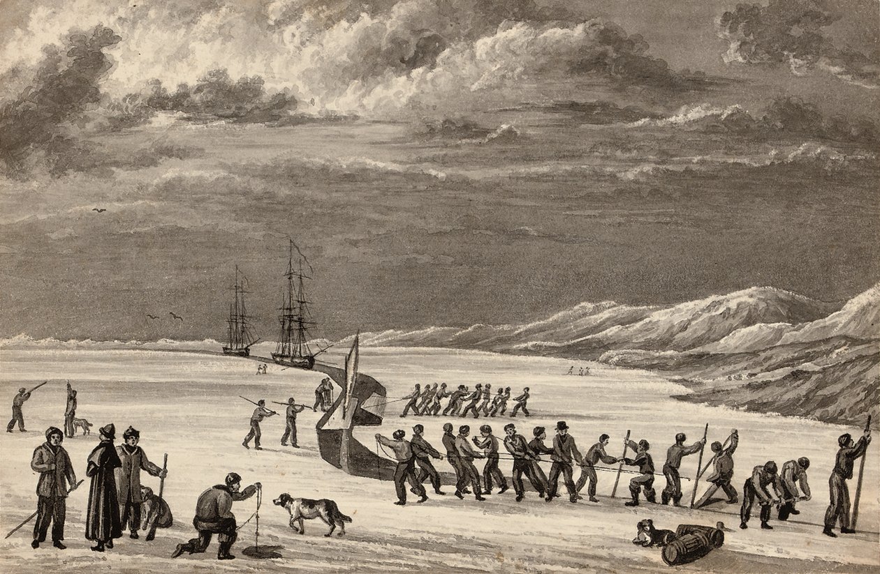 Løjtnant William Parrys første rejse: Besætningerne på H.M.S. Hecla og H.M.S. Griper skærer ind i Winter Harbour, ca. 1819 af English School