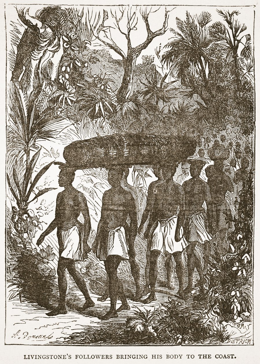 Livingstones tilhængere bringer hans krop til kysten, illustration fra The Pictorial Edition of the Life and Discoveries of David Livingstone af J. Ewing Richie, pub. af A. Fullarton & Co., 1876 (li af English School
