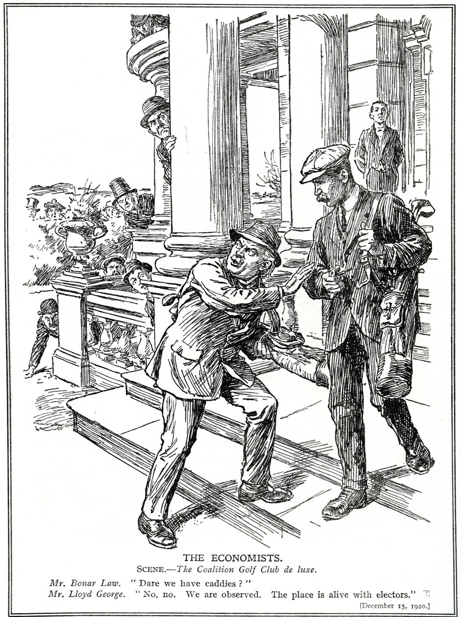 Lloyd George og Bonar Law på Coalition Golf Club, der er bange for Anti-Waste-ligaen, må give afkald på luksusen med caddies. december, 1920 af English School
