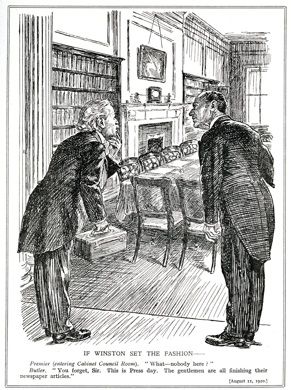 Lloyd George træder ind i et kabinetsrum tom for ministre, der har travlt med at skrive artikler til aviserne, august 1920 af English School