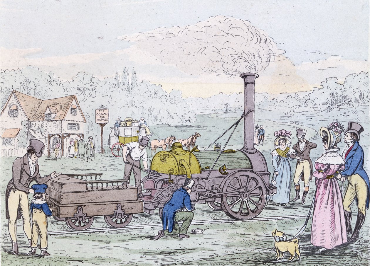 Lokomotivmotor, raketten i 1830, bygget af George Stephenson (1781-1848) (akvatint) af English School