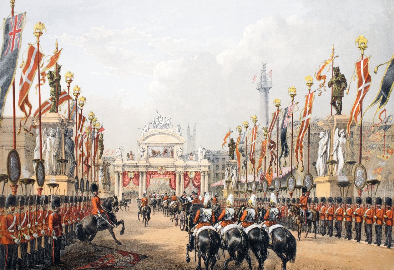 London Bridge, holdt af det ærede artilleriselskab i London, fra A Memorial of the Marriage of Edward VII and Alexandra of Denmark, pub. 1864 af English School