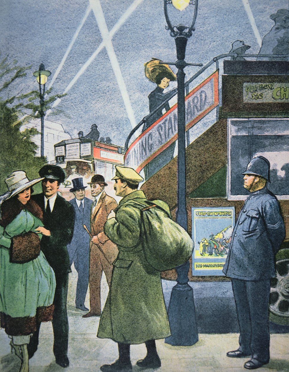 Londons gadebillede i WWI, soldat på orlov, ca. 1914-18 (farve litho) af English School