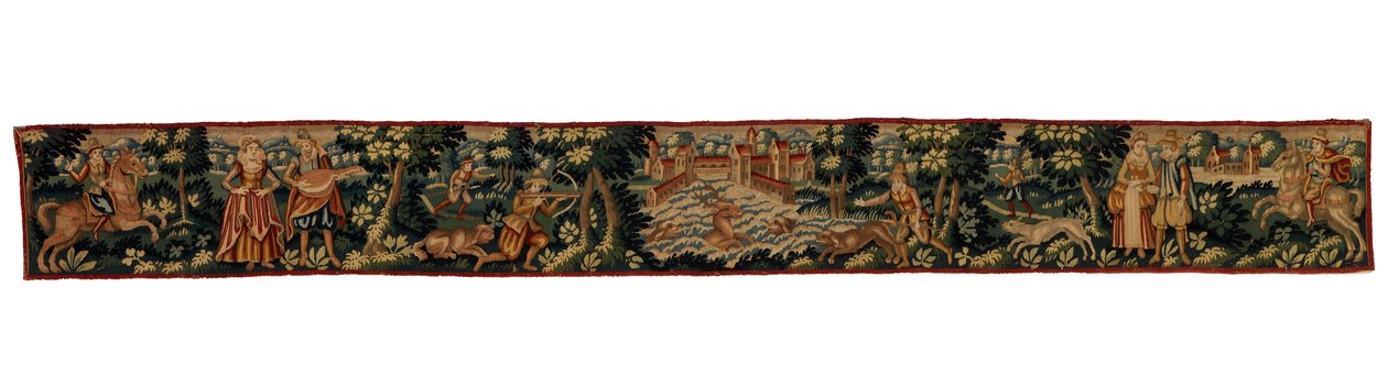 Lang stribe gobelin, der forestiller skikkelser, der rider, går og jager, ca. 1600 (uld) af English School