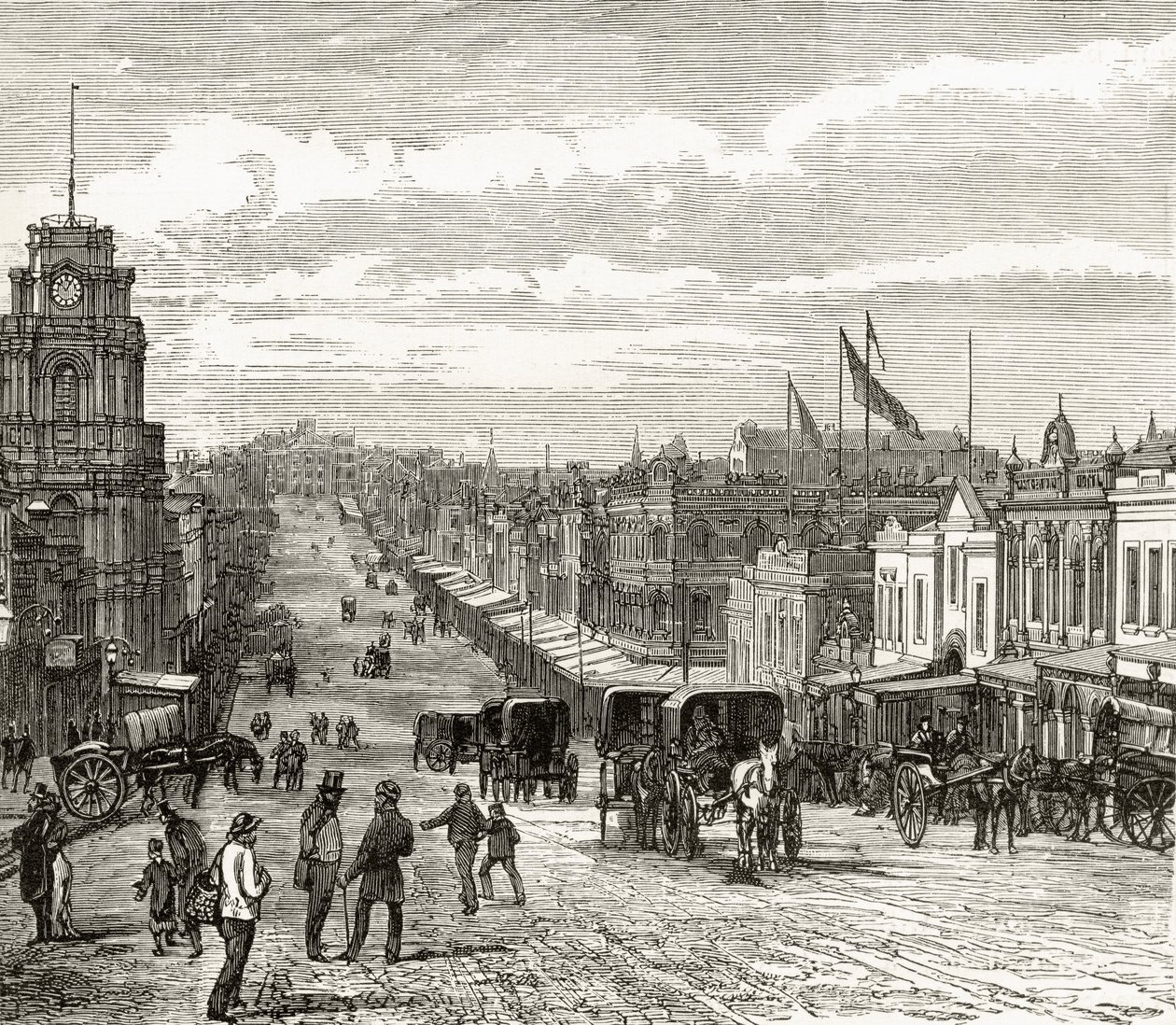 Looking East down Bourke Street, Melbourne, ca. 1880, fra 
