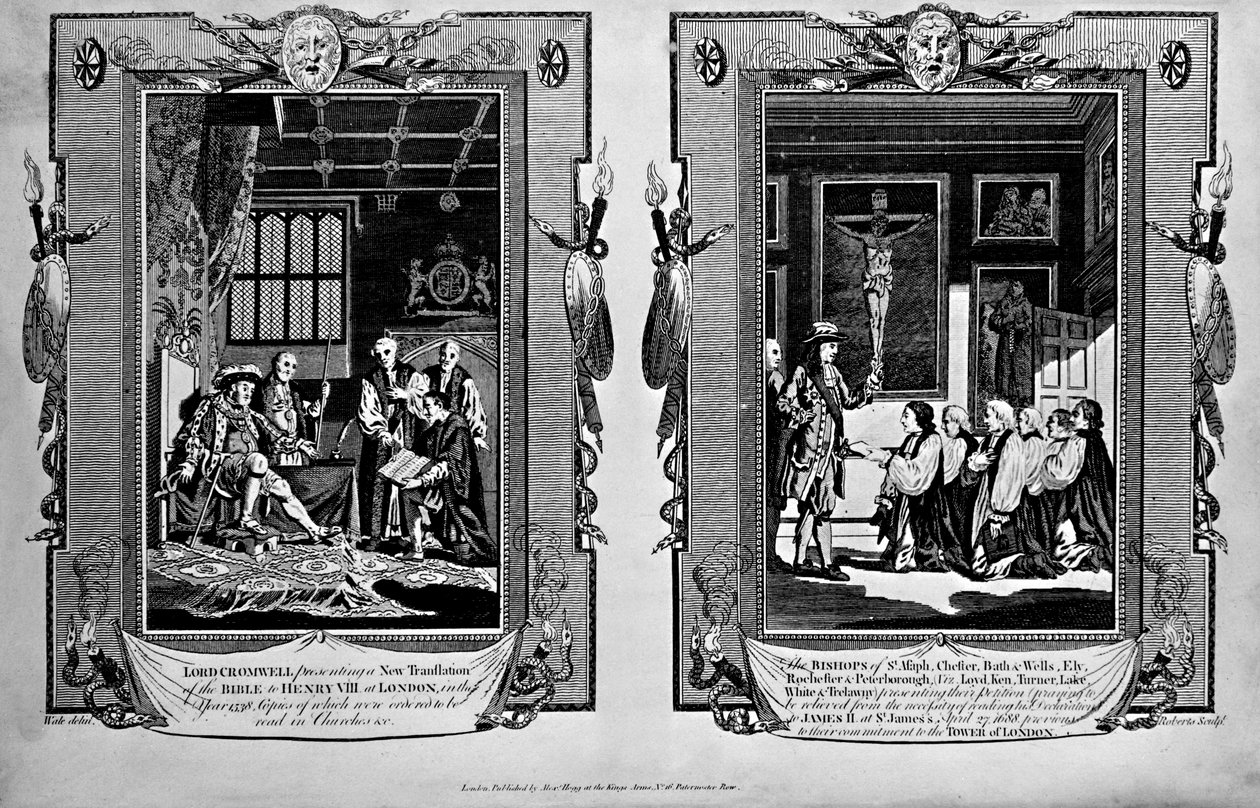Lord Cromwell præsenterer biblen for Henry VIII og biskopper, der fremlægger begæring til James II i 1688, fra 