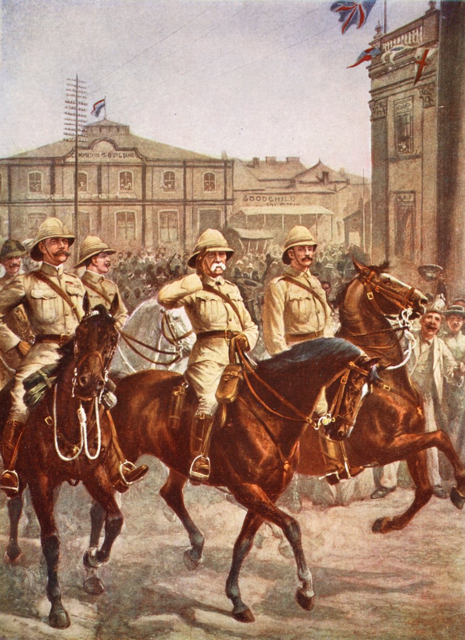 Lord Roberts går ind i byen Kimberley efter den vellykkede lettelse af en fire måneder lang boerbelejring, illustration fra Hutchinsons Story of the British Nation, ca. 1920, illustration fra Hutchinsons S af English School