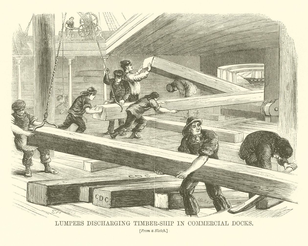 Klumper, der losser træskibe i handelshavne (gravering) af English School