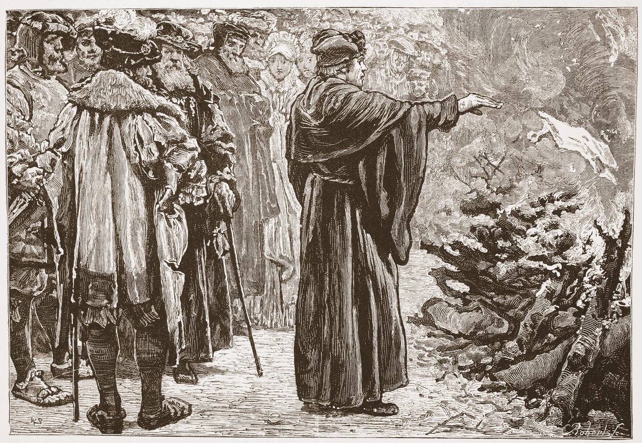Luther Burning the Popes Bull, illustration fra The History of Protestantism af James Aitken Wylie (1808-1890), pub. 1878 af English School