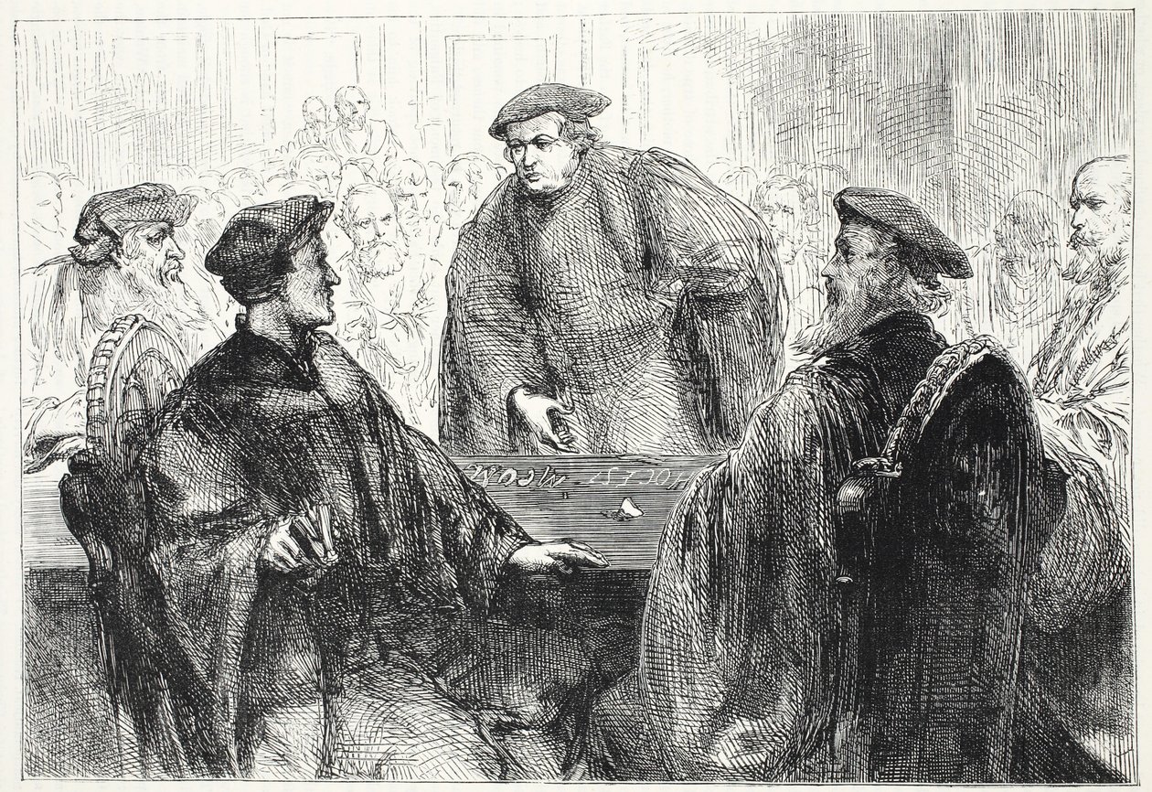 Luther og Zwingle diskuterer i Marburg, illustration fra The History of Protestantism af James Aitken Wylie (1808-1890), pub. 1878 af English School