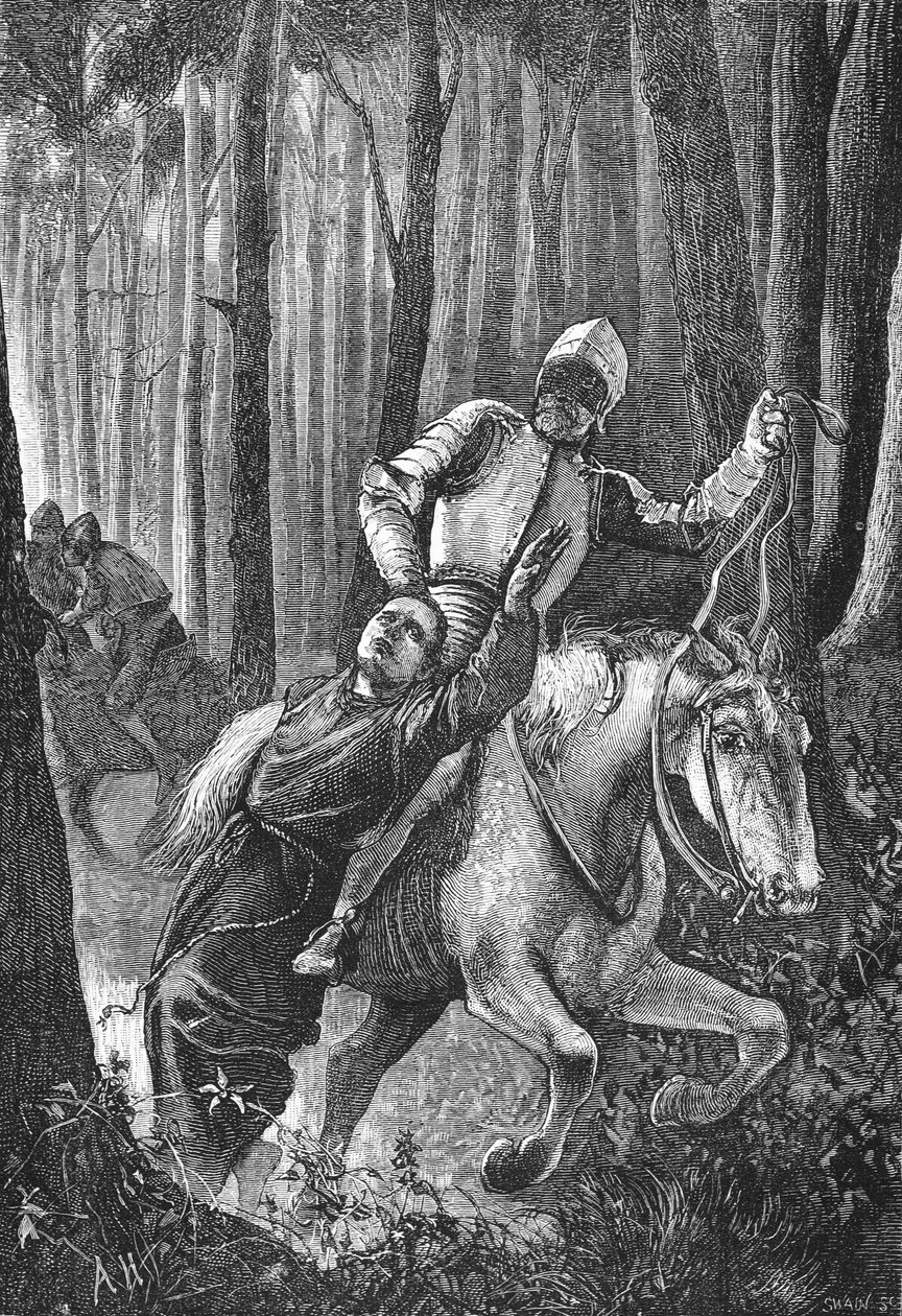Luther angrebet af maskerede ryttere i Thüringer Wald, illustration fra The History of Protestantism af James Aitken Wylie (1808-1890), pub. 1878 af English School