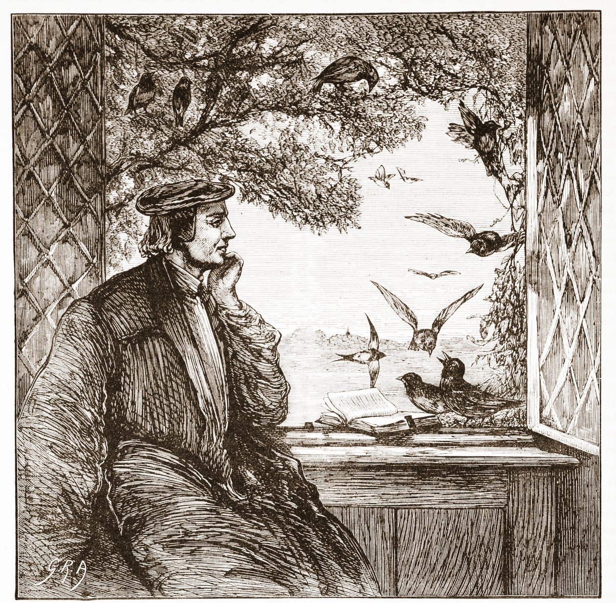 Luther af Coburg Castle: The Diet of Jackdaws, illustration fra The History of Protestantism af James Aitken Wylie (1808-1890), pub. 1878 af English School
