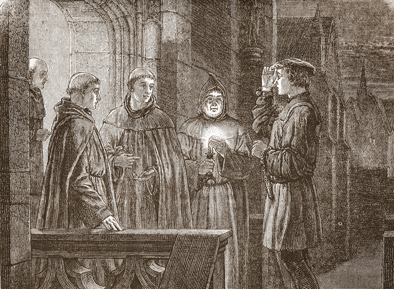 Luther på vej ind i augustinerklosteret, illustration fra The History of Protestantism af James Aitken Wylie (1808-1890), pub. 1878 af English School