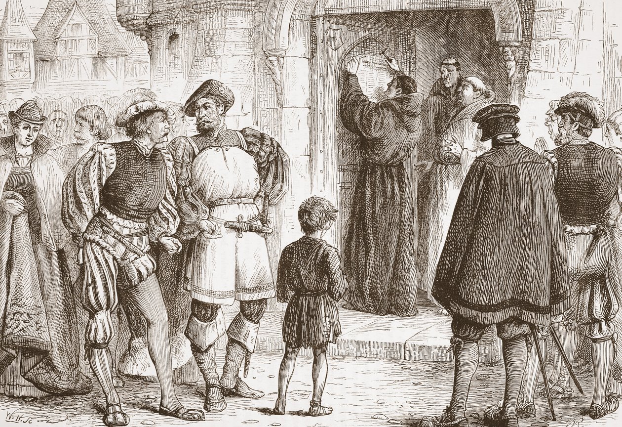 Luther sømmer sine teser til døren til Schloss-Kirk i Wittemberg, illustration fra The History of Protestantism af James Aitken Wylie (1808-1890), pub. 1878 af English School