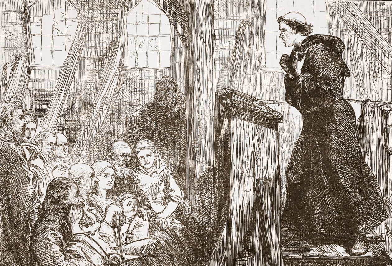 Luther prædiker i den gamle trækirke i Wittenberg, illustration fra The History of Protestantism af James Aitken Wylie (1808-1890), pub. 1878 af English School